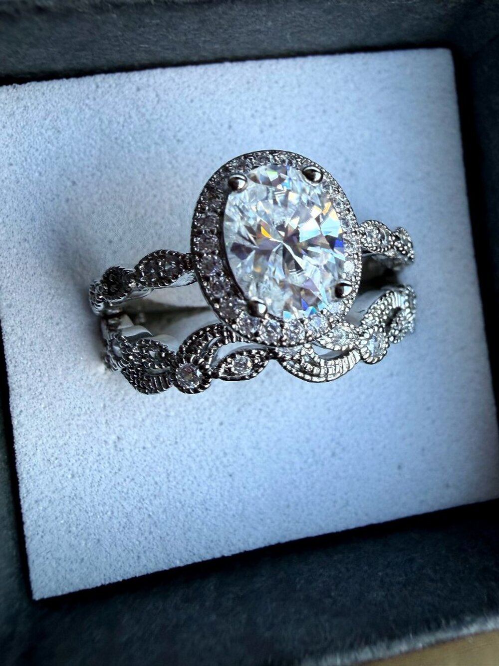 Oval Moissanite Halo Bridal Set Vintage Style 14K White Gold Plated Size 9 GRA